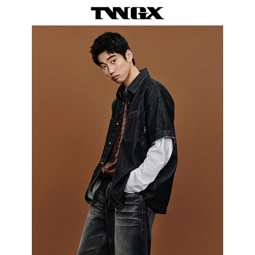 Teenie Weenie Bear Men's Urban Casual Relaxed Workwear Style Short-Sleeved Denim Shirt 2026 Summer Black XL