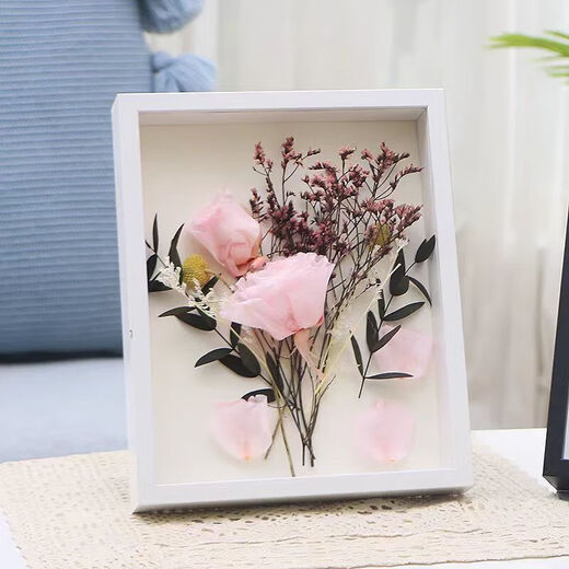 Valentine's Day Gift Hollow Three-dimensional Photo Frame Dried Flower Preservation Handmade DIY Picture Frame Eternal Rose Specimen Setting White + Ribbon + Glue + Backing Paper + Lantern A4 Suitable for 10-20 Flowers