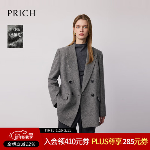 PRICH 100% sheep wool fashionable double-breasted plaid suit 2025 winter new mid-length coat new year 19 black XS 155