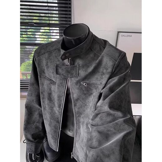 American trendy leather jacket men's spring and autumn new style retro versatile zipper loose motorcycle wear pu leather jacket trendy black gray XL