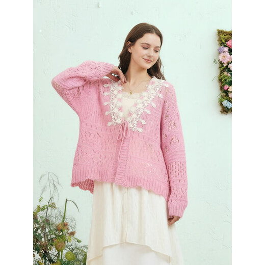 Two or three things are nostalgic for inertia 2026 spring new sweet lace stitching hollow mohair strap knitted cardigan for women light pink S