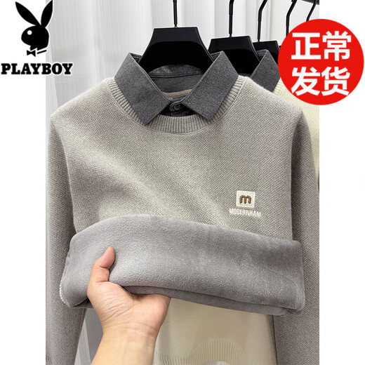 Playboy (PLAYBOY) one-piece velvet shirt collar fake two-piece warm sweater for men plus velvet and thickened 2025 winter new style knitted bottoming shirt light gray L 120Jin Jin is equal to 0.5kg -135Jin Jin is equal to 0.5kg