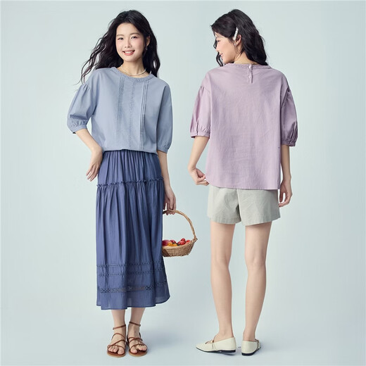 Giordano 2026 summer new cotton and linen pleated lace loose round neck mid-sleeve linen shirt for women 13346226