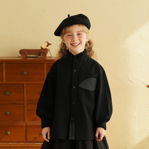 Yantaijia girl's forest-style fungus-edged pure cotton long-sleeved shirt 2026 spring new baby black versatile shirt black 110 model size