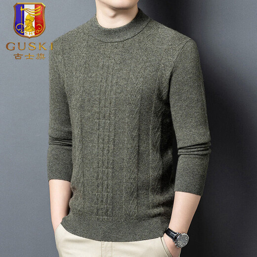 GUSKI light luxury brand high-end men's wool sweater casual sweater business warm sweater round neck casual bottoming shirt olive yellow green exquisite gift box M (105)