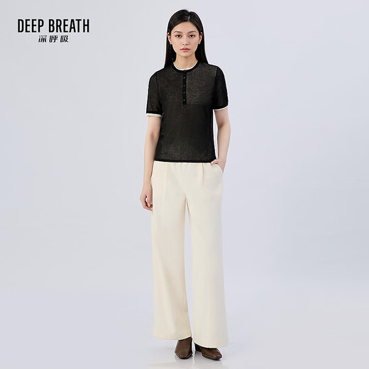 Take a deep breath DEEP BREATH women's round neck solid color simple casual button two-piece set short-sleeved sweater A302243 black S (2)
