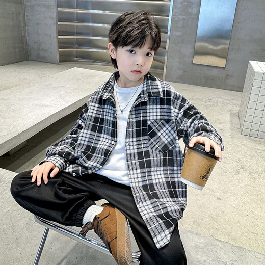 Children's clothing boys' shirts spring and autumn 2026 new spring clothing big children plaid boys spring coat shirt trend black 160
