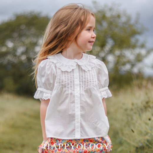 Happyology British girls' shirt spring new puff sleeve pure cotton bottoming children's shirt white top