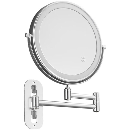 Powder room mirror folding punch-free hotel bathroom makeup mirror wall-mounted telescopic double-sided LED beauty mirror with light rechargeable silver 8 inches