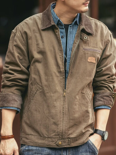 Green Deer American Retro Heavy Duty Work Jacket Men's Trendy Brand Spring and Autumn Pure Cotton Outdoor Hunting Jacket Khaki M Suitable for 115-135 Jin Jin equals 0.5 kg