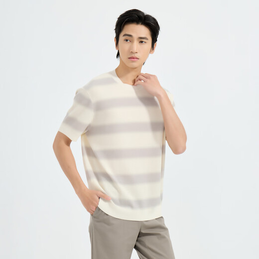 Lilang Light Fashion Men's Clothing Striped Intercolor T-shirt Men's Lightweight, Breathable, Skin-Friendly and Easy-Care Texture Short-Sleeved Sweater Beige (1H) M (165)