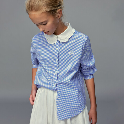 ELLE KIDS children's clothing lotus collar long-sleeved shirt girls spring new French college plaid embroidered top blue and white plaid 160 (S)