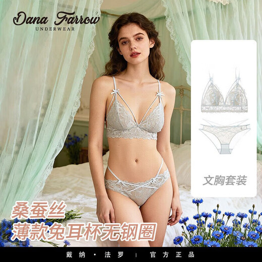 DANA FARROW Brand 2026 New French Underwear Women's Thin Sexy Lace Bra Set Rabbit Ear Cup Wireless Women's Vanilla Apricot Cream Set S Suitable for 70ABC One Size