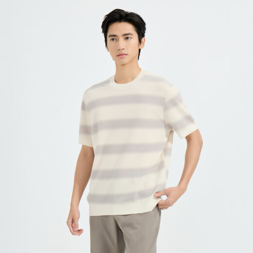 Lilang Light Fashion Men's Clothing Striped Intercolor T-shirt Men's Lightweight, Breathable, Skin-Friendly and Easy-Care Texture Short-Sleeved Sweater Beige (1H) M (165)