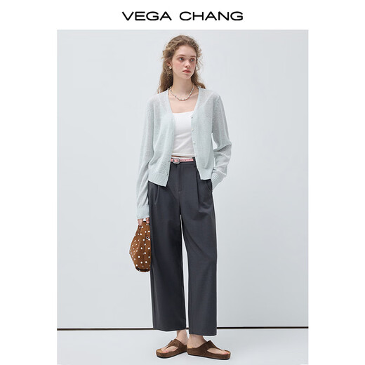 VEGA CHANG sea salt ice crystal wool short sweater for women 2026 new spring three-quarter Korean long-sleeved clear sky blue free suspender one size