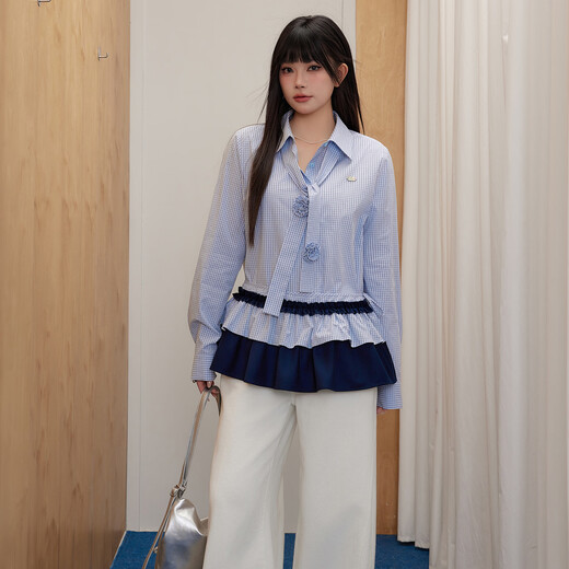 UNIFREEPLUS+ Clear Sea Salt Blue Slim Plaid Shirt Large Size Long Sleeve Shirt Front Shoulder Top Blue S