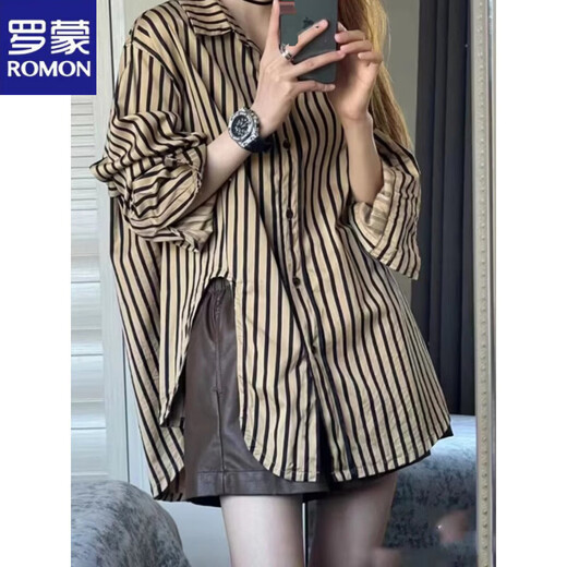 ROMON salt style brown striped shirt women's spring retro design lapel stacked shirt casual long-sleeved top khaki striped shirt S
