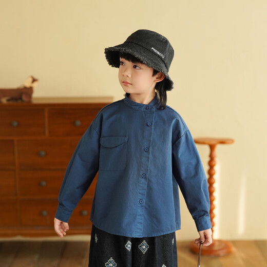 Yantaijia children's clothing children's pure cotton long-sleeved shirt 2026 spring baby irregular blue shirt boy's top blue 80