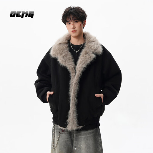 OEMG Korean style mountain-carved cotton jacket for men in autumn and winter, trendy brand, high-end deconstructed plush lapel thickened cotton jacket, black, high quality, 2XL, recommended 135-150Jin Jin is equal to 0.5kg