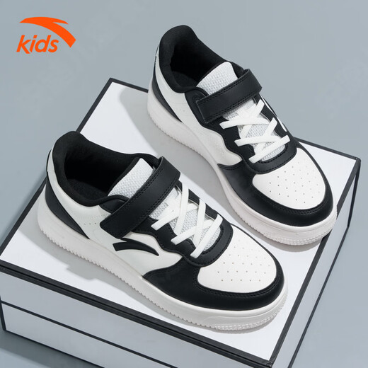 ANTA small white shoes, children's sneakers, boys and girls, middle-aged and adolescents, spring and autumn new student lightweight breathable sports shoes, white and black, panda color, size 33 (foot length 205mm)