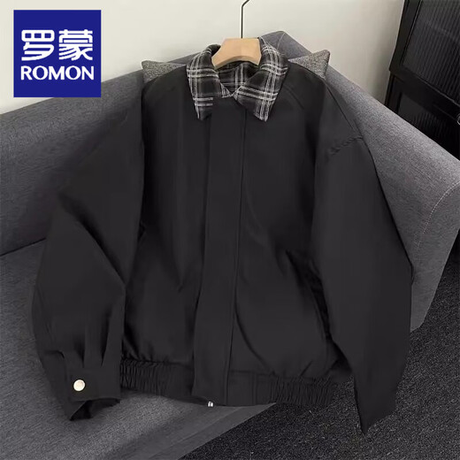 ROMON Retro Fake Two-Piece Flight Jacket Men's Maillard Wear Plaid Splicing Baseball Uniform American Casual Brown Jacket Black 2XL