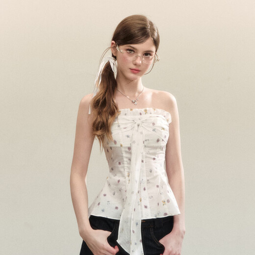 QD Sweet and Cute Style Bow Tie Design Tube Top New Style Waist Slim Sweet Spicy Top Summer Blue S