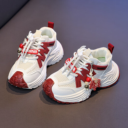 Chiyun Children's Shoes 2026 Spring Mesh Breathable Children's Sports Shoes Fashion Casual Shoes Girls Campus Running Dad Shoes Red 26
