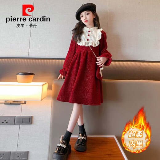 Pierre Cardin Girls' Autumn and Winter Velvet Dress 2025 New Big Children's Winter Thickened Bright Silk New Year's Dress Princess Dress Velvet Skirt Red 150 cm