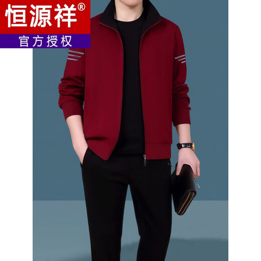 Hengyuanxiang middle-aged men's sports suit spring and autumn dad casual jacket coat plus velvet thickened loose two-three piece set black spring and autumn two-piece straight M 80-105Jin Jin equals 0.5 kg