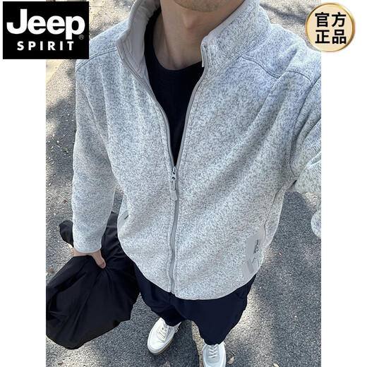 JEEP SPIRIT American functional spring and autumn outdoor stand-up collar cardigan zipper sweatshirt casual sports knitted fleece jacket men's base atomic gray S