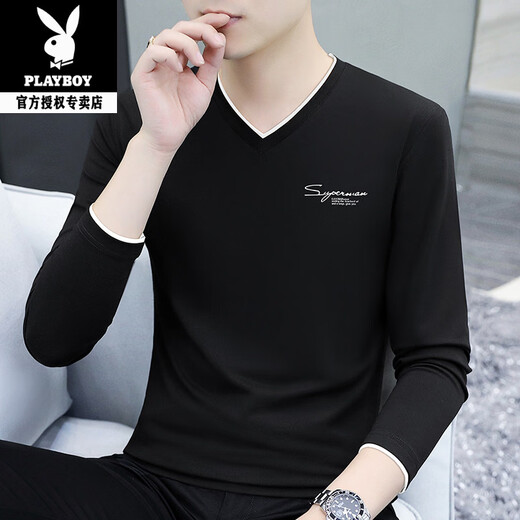 Playboy (PLAYBOY) men's long-sleeved T-shirt 2026 new winter trendy spring and autumn clothing small V-neck casual inner wear pure cotton men's clothing W YPC4033 black L recommended 115-130Jin Jin equals 0.5 kg