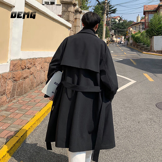 OEMG windbreaker men's mid-length Korean style trendy and handsome coat spring, autumn and winter loose Hong Kong style ins plus size tops black 2XL