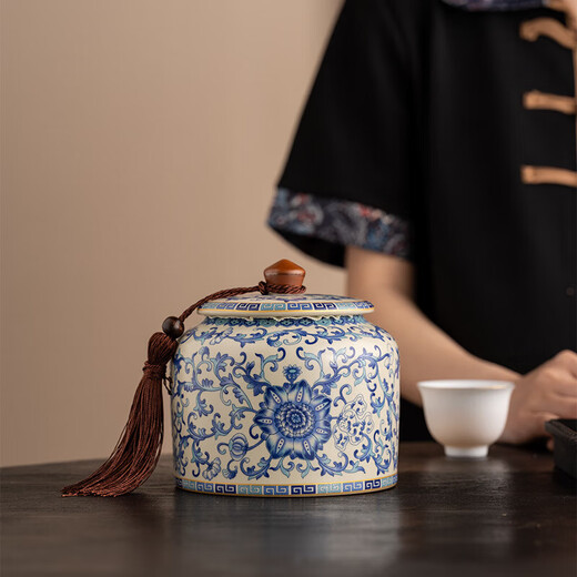 Jinpan blue and white Ru kiln tea jar large high-end sealed jar household ceramic moisture-proof tea jar Chinese tea storage tea jar Panzhilian blue and white Ru kiln-large tea jar