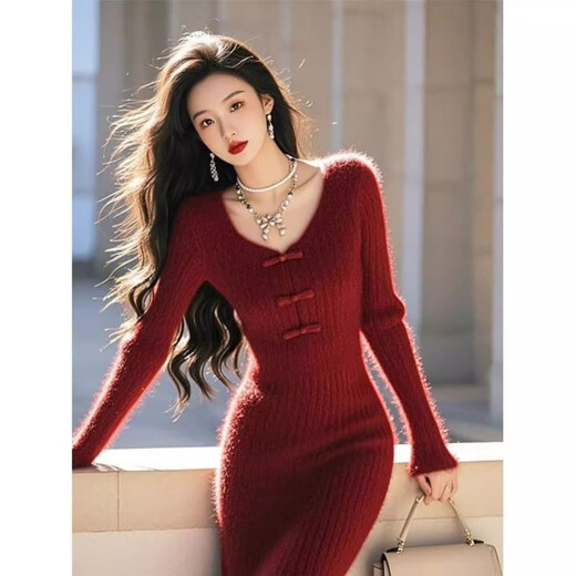 Hazhou New Year shirt-like skirt for women winter light luxury high-end imitation wool new Chinese style red plush knitted dress red S