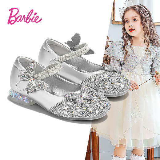 Barbie Children's Shoes Girls Spring and Autumn High Heels Small Leather Shoes Stage Fashion Crystal Shoes Bow Girls DA7152 Silver 26