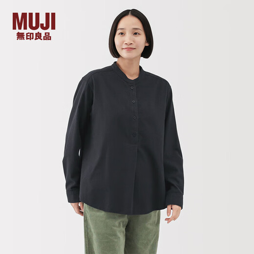MUJI Women's Flannel Stand Collar Long Sleeve Blouse Women's Plaid Shirt Shirt Women's 25 Winter BC2OHC5A Dark Navy S (155/80A)