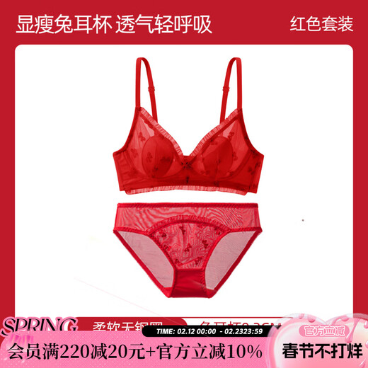 Six Rabbits Large Size Underwear Women's Thin Slim Rabbit Ear Cup Bra No Wire Ring Breast Control Anti-Sagging Bra Red Set Rabbit Ear Cup 70A B