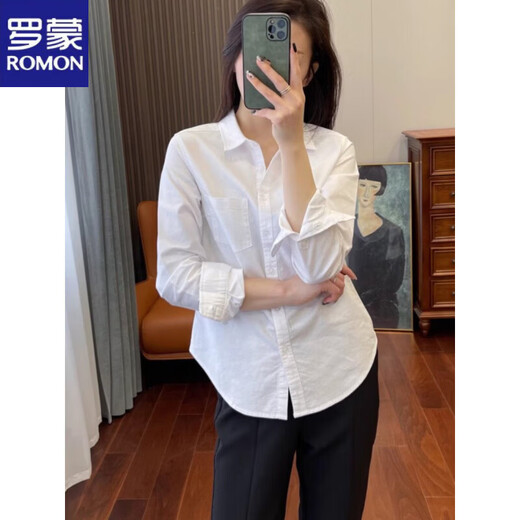 ROMON (ROMON) right shoulder long-sleeved shirt for women spring and summer new design slim and versatile professional tops and bottoming shirts white S 85-95Jin Jin is equal to 0.5 kg
