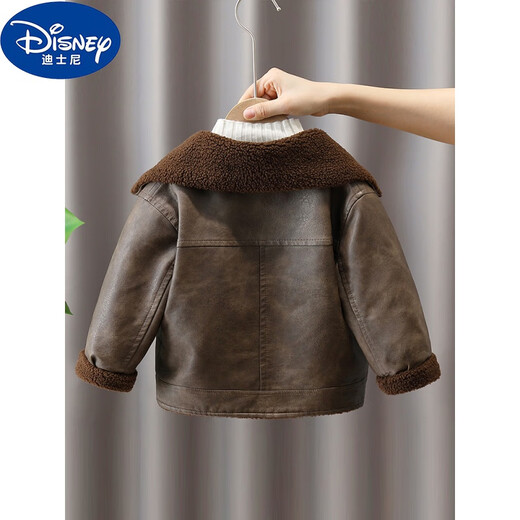 Disney (Disney) 2-15 year old boys leather jacket 2024 new winter plus velvet children's clothing boy thickened baby fur integrated khaki 90cm