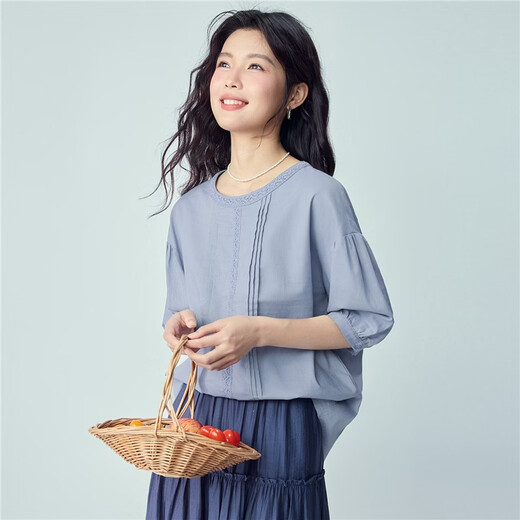 Giordano 2026 summer new cotton and linen pleated lace loose round neck mid-sleeve linen shirt for women 13346226