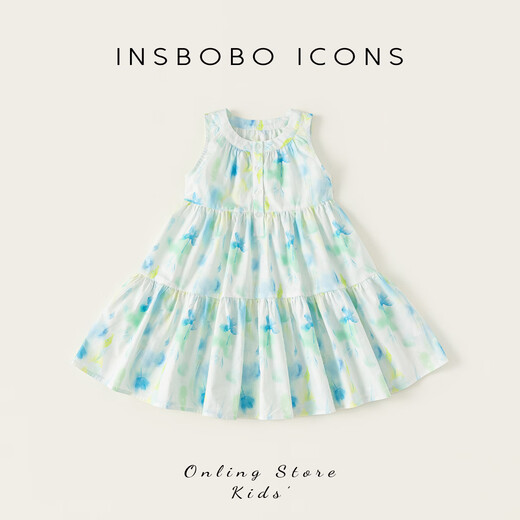 INSBOBO Children's Clothing Girls Dress 2026 Summer New Girls Printed Skirt Children's Tank Top Summer Dress Blue Green 110