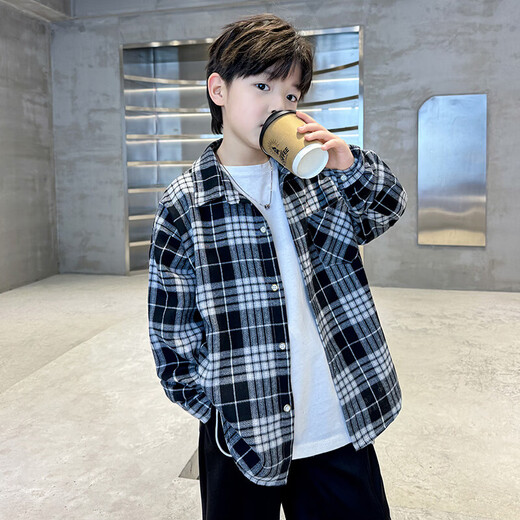 Children's clothing boys' shirts spring and autumn 2026 new spring clothing big children plaid boys spring coat shirt trend black 160