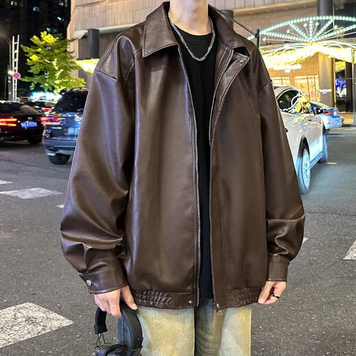 Shelley Jones American Retro Leather Jacket for Men and Women Spring and Autumn New Style Handsome Trendy Top Clothes Loose Casual Couple Jacket Black XL Recommended 125-140 Jin Jin equals 0.5 kg