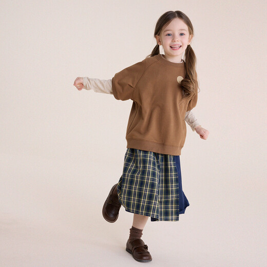 Yoona's Mom Girls 2026 Spring New Korean Style Simple Patch Short Sleeve Children's Layer Top Baby T-Shirt Trendy Coffee Color Ready Stock 150