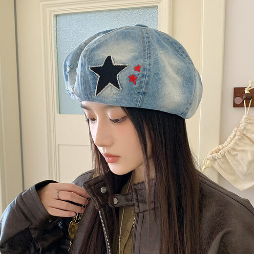 Star washed denim beret women's spring and autumn sweet and cool all-match octagonal hat painter's hat dark blue one size