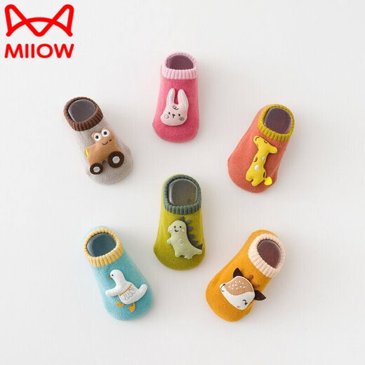 MiiOW baby floor socks, warm and glue-resistant, autumn and winter baby toddler socks, cute dolls, breathable children's cartoon socks, 003 rabbit+fawn+duck, 3 pairs, 0-1 years old, S size, foot length 9-11CM