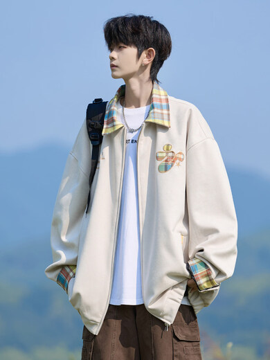 Shelley Jones American dopamine plaid spliced lapel jacket men's spring and autumn new trendy brand loose casual boys' jacket apricot M recommended 80-100Jin Jin equals 0.5 kg