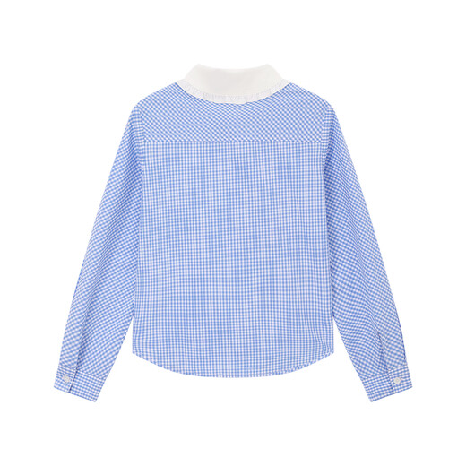 ELLE KIDS children's clothing lotus collar long-sleeved shirt girls spring new French college plaid embroidered top blue and white plaid 160 (S)