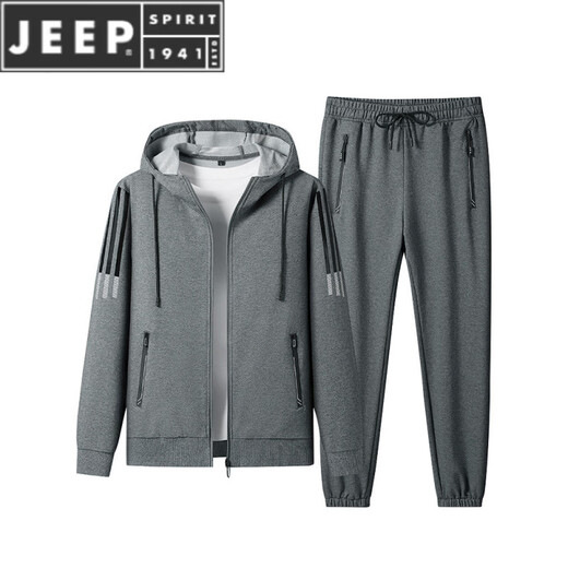 JEEP SPIRIT sports suit for men spring and autumn pure cotton new casual hooded cardigan large size sweatshirt running suit two-piece set black leg set public version A651-235 L 90-110Jin Jin is equal to 0.5 kg