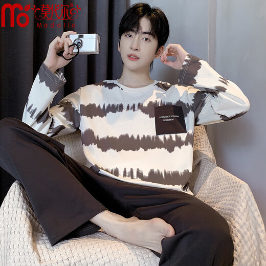 
Modal double-sided pure cotton pajamas men's new 2025 long-sleeved round neck loose casual large-size autumn and winter home clothing set 232F9923 L Recommended weight 110-140Jin [Jin equals 0.5 kg]